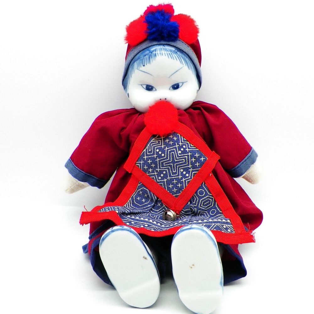 12" Traditional China Doll Blue & White Porcelain Head Feet Pier One Vintage